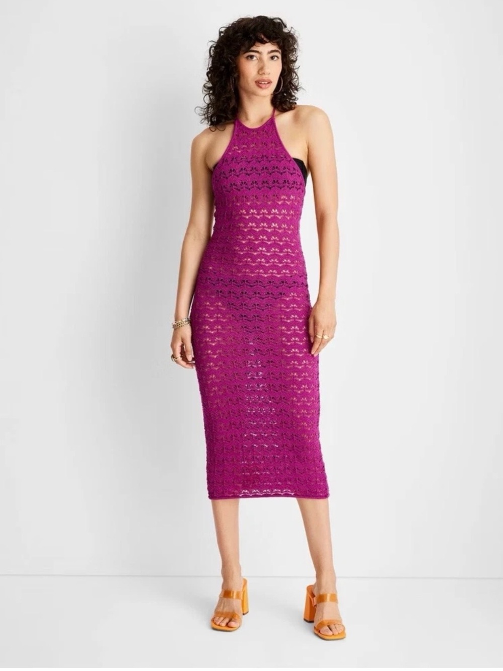 Future Collection Magenta Crochet Halter Midi Dress